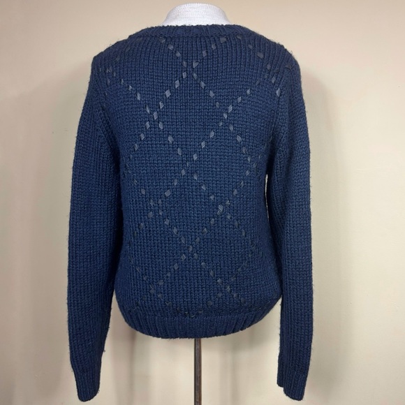 Parker Betsey Woven Leather Crewneck Cable Knit Sweater in Navy Blue Size Medium - Picture 4 of 9